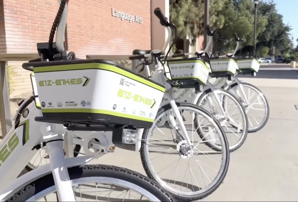 A line of Biz-Bikes rest outside the Language Arts Building on Aug. 21, 2024. Screenshot taken from an Instagram video posted by the rampagenews account on Aug. 22, 2024.